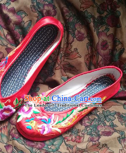 Traditional Chinese National Embroidered Shoes Wedding Red Shoes, China Handmade Shoes Hanfu Embroidery Dragon and Phoenix Shoes for Women