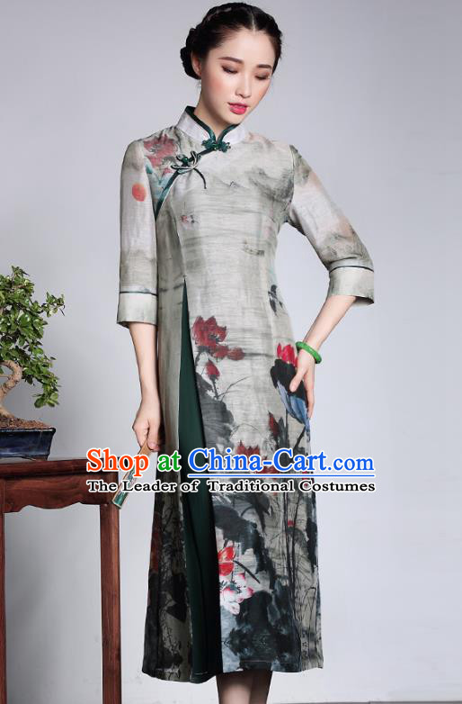 Traditional Chinese National Costume Elegant Hanfu Grey Linen Cheongsam, China Tang Suit Plated Buttons Chirpaur Dress for Women