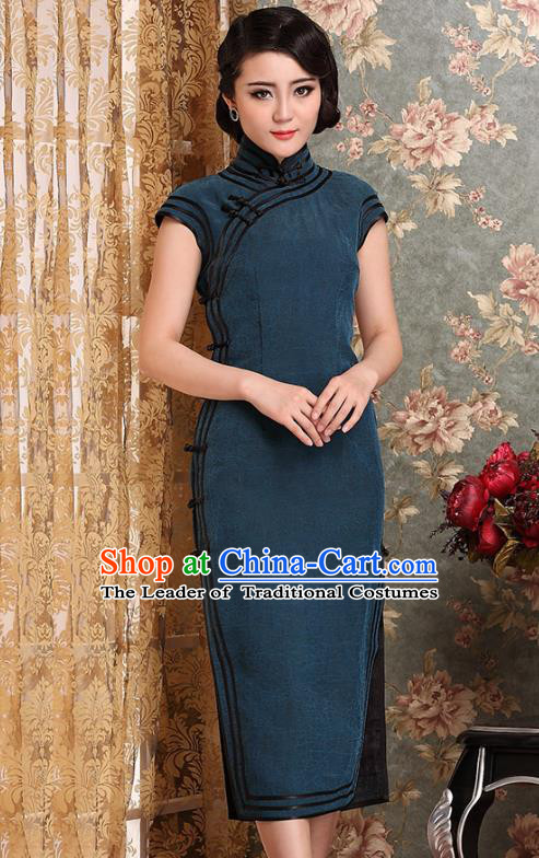 Traditional Chinese National Costume Elegant Hanfu Blue Cheongsam, China Tang Suit Plated Buttons Chirpaur Dress for Women