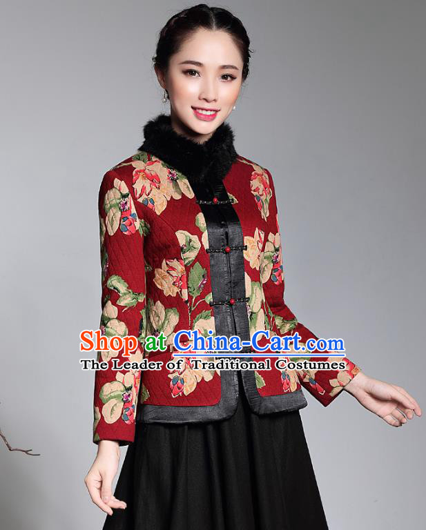Traditional Chinese National Costume Elegant Hanfu Red Cotton-padded Jacket, China Tang Suit Plated Buttons Coat Upper Outer Garment for Women