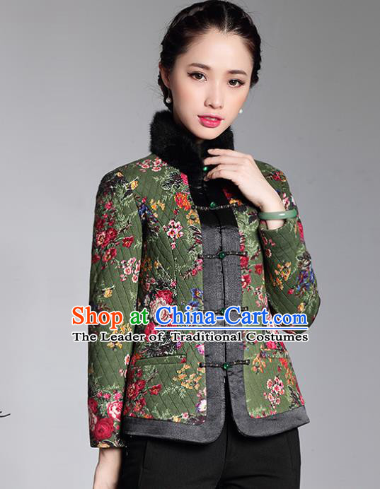Traditional Chinese National Costume Elegant Hanfu Green Cotton-padded Jacket, China Tang Suit Plated Buttons Coat Upper Outer Garment for Women
