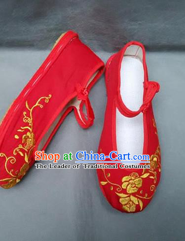 Traditional Chinese National Embroidered Shoes Handmade Red Wedding Shoes, China Hanfu Embroidery Flowers Shoes for Women