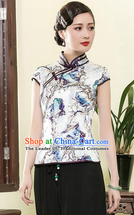 Traditional Chinese National Costume Elegant Hanfu Plated Button Printing Silk Shirt, China Tang Suit Upper Outer Garment Cheongsam Blouse for Women