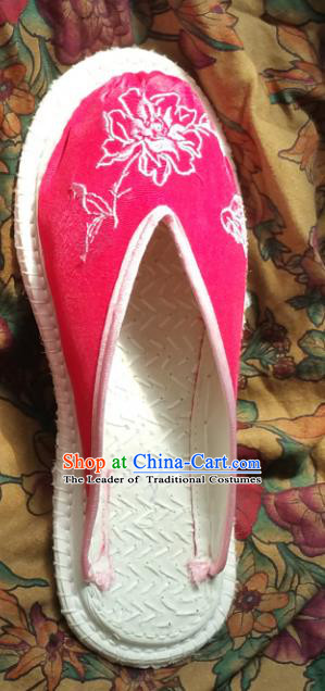 Traditional Chinese National Embroidered Shoes Handmade Bride Pink Satin Slippers, China Hanfu Embroidery Flower Wedding Shoes for Women