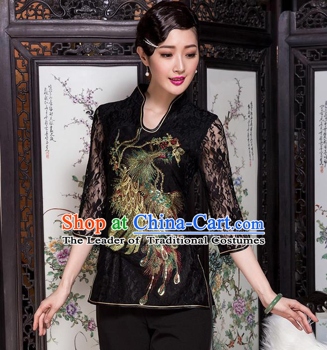 Traditional Chinese National Costume Elegant Hanfu Embroidery Peacock Black Shirt, China Tang Suit Blouse Cheongsam Upper Outer Garment for Women