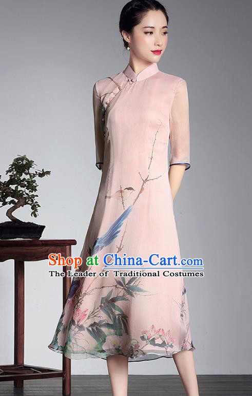 Traditional Chinese National Costume Elegant Hanfu Pink Silk Cheongsam Printing Dress, China Tang Suit Plated Buttons Chirpaur Dress for Women