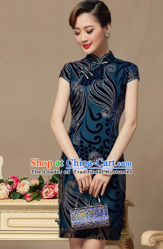 Traditional Chinese National Costume Elegant Hanfu Blue Velvet Cheongsam, China Tang Suit Slant Opening Chirpaur Cheong-sam for Women