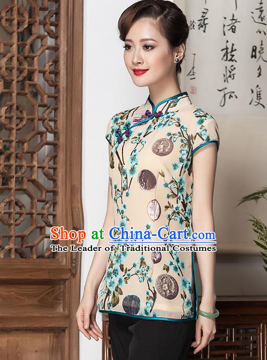 Traditional Chinese National Costume Elegant Hanfu Plated Button Printing Apricot Shirt, China Tang Suit Upper Outer Garment Cheongsam Blouse for Women