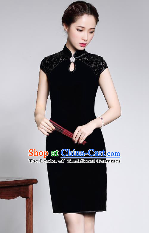 Traditional Chinese National Costume Elegant Hanfu Black Velour Cheongsam, China Tang Suit Plated Buttons Chirpaur Dress for Women