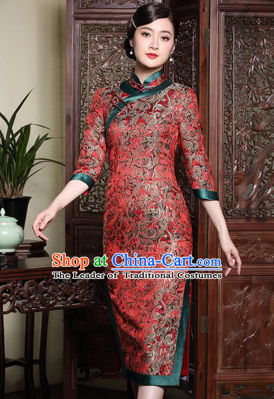 Traditional Chinese National Costume Elegant Hanfu Red Brocade Cheongsam, China Tang Suit Plated Buttons Wedding Chirpaur Dress for Women