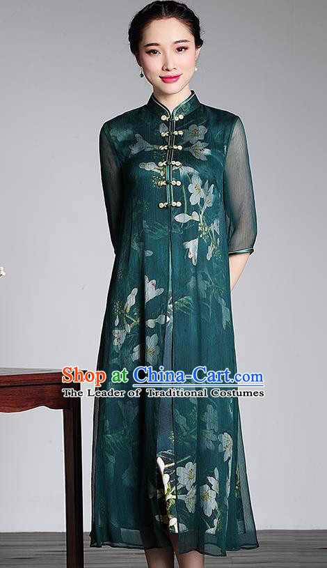 Traditional Chinese National Costume Elegant Hanfu Green Silk Long Cheongsam, China Tang Suit Plated Buttons Chirpaur Dress for Women