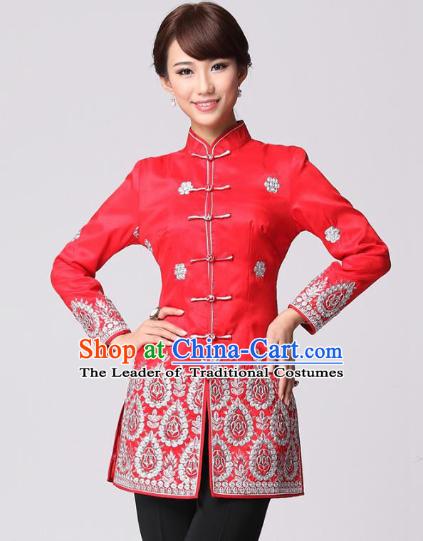 Traditional Chinese National Costume Elegant Hanfu Cheongsam Red Embroidered Coat, China Tang Suit Plated Buttons Chirpaur Coat for Women