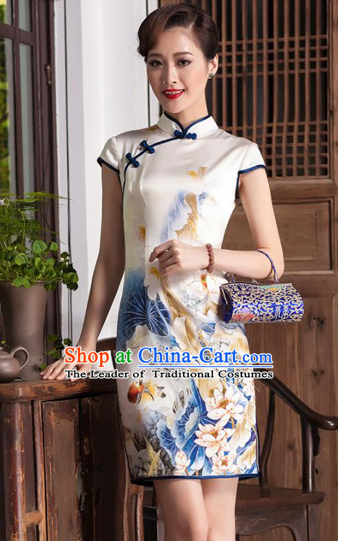 Traditional Chinese National Costume Elegant Hanfu Cheongsam Printing Flowers Silk Coat, China Tang Suit Plated Buttons Chirpaur Coat for Women