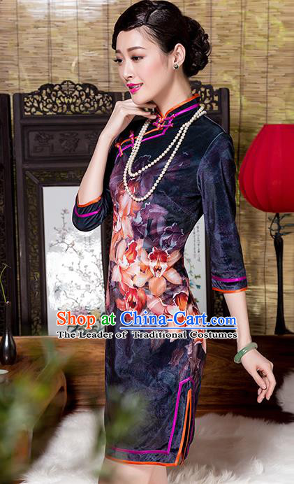 Traditional Chinese National Costume Elegant Hanfu Printing Flowers Purple Velvet Cheongsam, China Tang Suit Plated Buttons Chirpaur Dress for Women