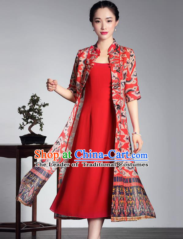 Traditional Chinese National Costume Elegant Hanfu Red Cheongsam Long Coat, China Tang Suit Plated Buttons Chirpaur Dust Coat for Women