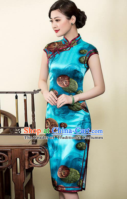 Traditional Chinese National Costume Elegant Hanfu Cheongsam Printing Blue Silk Qipao Dress, China Tang Suit Plated Buttons Chirpaur for Women