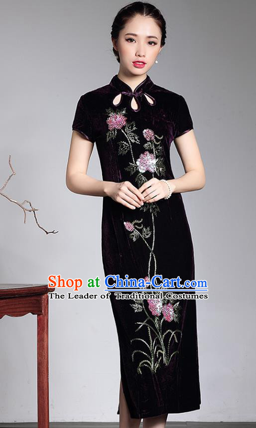 Traditional Chinese National Costume Hanfu Mandarin Qipao Dress, China Tang Suit Purple Velvet Cheongsam for Women