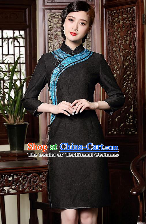 Traditional Chinese National Costume Hanfu Mandarin Qipao Dress, China Tang Suit Black Cheongsam for Women