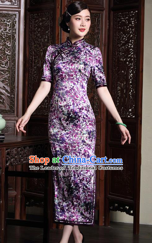 Traditional Chinese National Costume Elegant Hanfu Plated Button Mandarin Qipao, China Tang Suit Purple Silk Cheongsam for Women