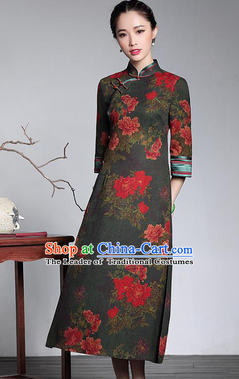 Traditional Chinese National Costume Printing Silk Qipao Dress, China Tang Suit Chirpaur Robe Cheongsam for Women