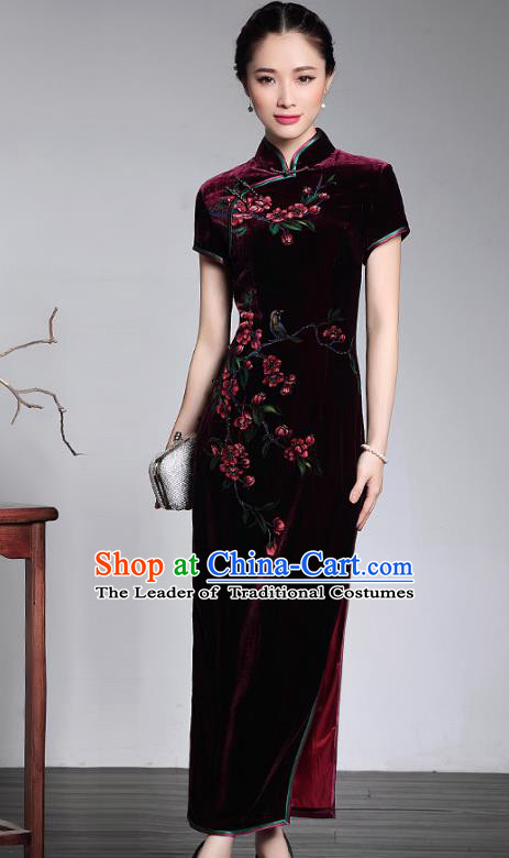 Traditional Chinese National Costume Plated Buttons Velvet Qipao Dress, China Tang Suit Chirpaur Purple Cheongsam for Women