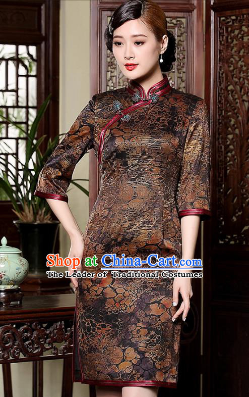 Traditional Chinese National Costume Plated Buttons Brown Silk Qipao Dress, Top Grade Tang Suit Stand Collar Watered Gauze Cheongsam for Women