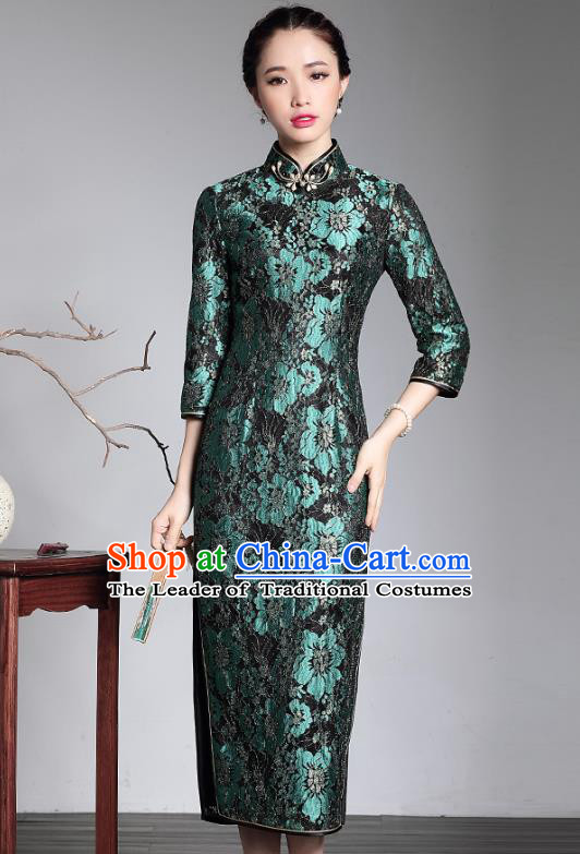 Traditional Chinese National Costume Plated Buttons Green Lace Long Qipao Dress, Top Grade Tang Suit Stand Collar Cheongsam for Women