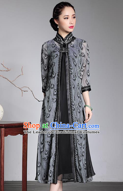 Traditional Chinese National Costume Plated Buttons Long Qipao Grey Coat, Top Grade Tang Suit Stand Collar Dust Coat for Women