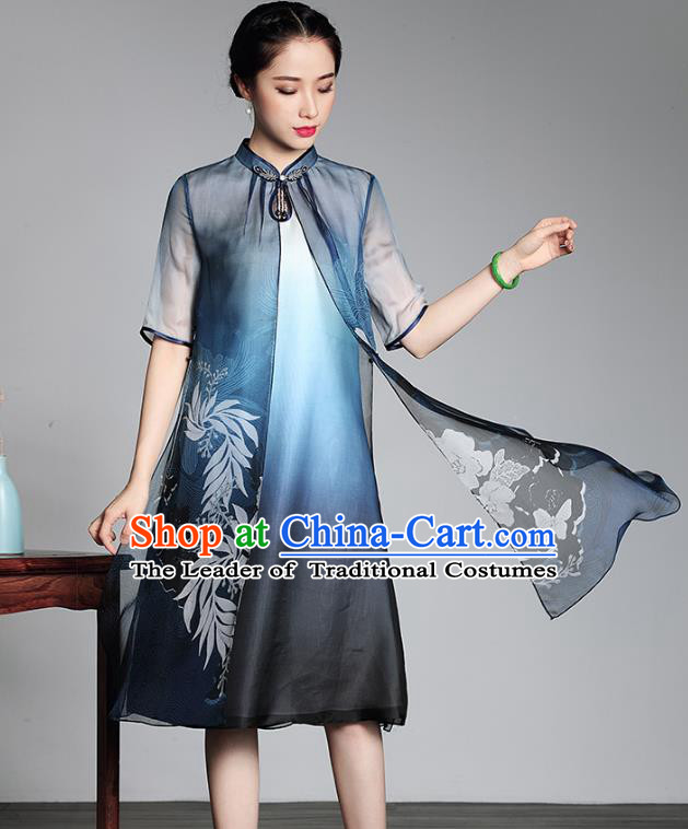 Traditional Chinese National Costume Plated Buttons Blue Silk Qipao Dress, Top Grade Tang Suit Stand Collar Printing Cheongsam for Women