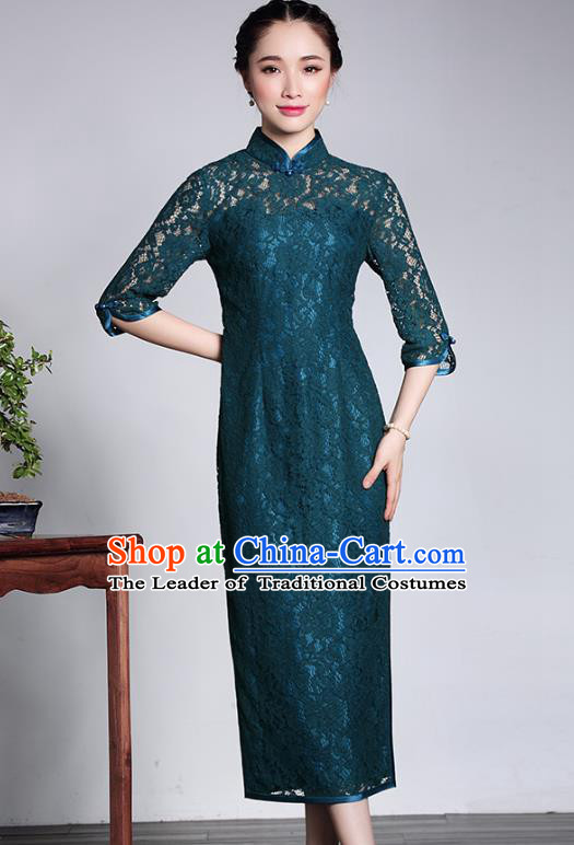 Traditional Ancient Chinese Young Lady Retro Cheongsam Peacock Green Lace Dress, Asian Republic of China Qipao Tang Suit Clothing for Women
