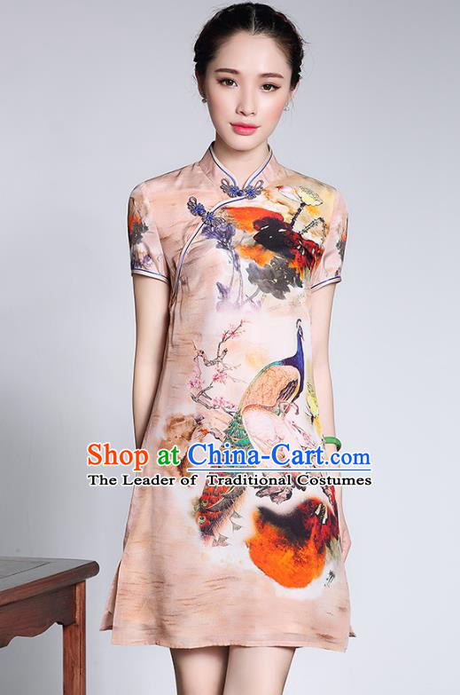 Traditional Ancient Chinese Young Lady Retro Cheongsam Printing Peacock Silk Dress, Asian Republic of China Qipao Tang Suit Clothing for Women