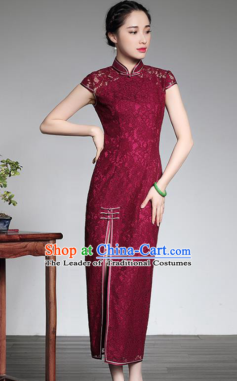 Traditional Ancient Chinese Young Lady Retro Cheongsam Wine Red Lace Dress, Asian Republic of China Qipao Tang Suit Clothing for Women