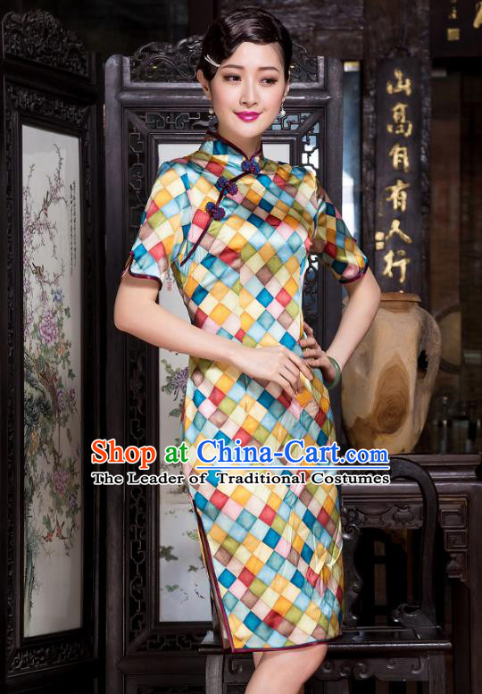 Traditional Chinese National Costume Plated Buttons Qipao, China Tang Suit Chirpaur Top Grade Silk Short Cheongsam for Women