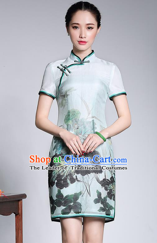 Traditional Chinese National Costume Plated Buttons Qipao Printing Lotus Dress, Top Grade Silk Tang Suit Cheongsam for Women