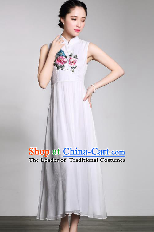 Traditional Chinese National Costume Long Qipao White Embroidery Peony Dress, Top Grade Tang Suit Stand Collar Cheongsam for Women