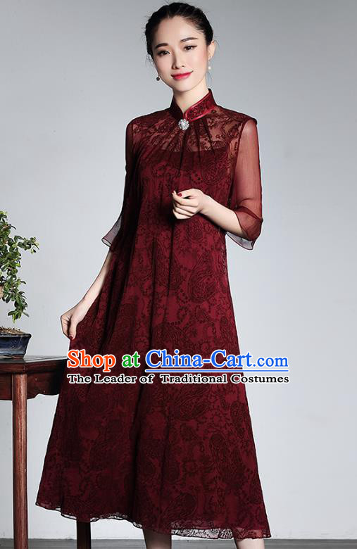 Traditional Chinese National Costume Wine Red Silk Qipao Dress, Top Grade Tang Suit Stand Collar Cheongsam for Women