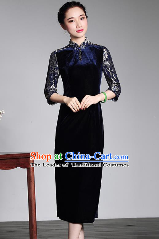 Traditional Chinese National Costume Qipao Blue Velvet Lace Dress, Top Grade Tang Suit Stand Collar Cheongsam for Women