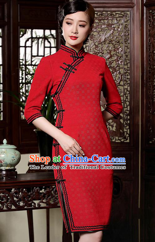 Traditional Chinese National Costume Qipao Red Wool Dress, Top Grade Tang Suit Stand Collar Cheongsam for Women