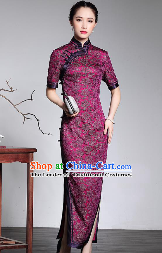 Traditional Ancient Chinese Young Lady Plated Buttons Silk Cheongsam, Asian Republic of China Purple Lace Qipao Tang Suit Dress for Women
