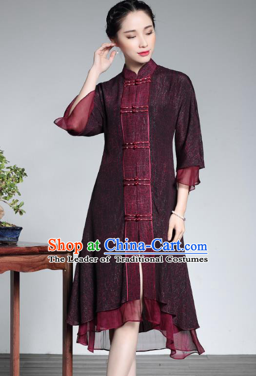 Traditional Ancient Chinese Young Lady Retro Purple Silk Cheongsam Coats, Asian Republic of China Qipao Dust Coat Tang Suit Upper Outer Garment for Women
