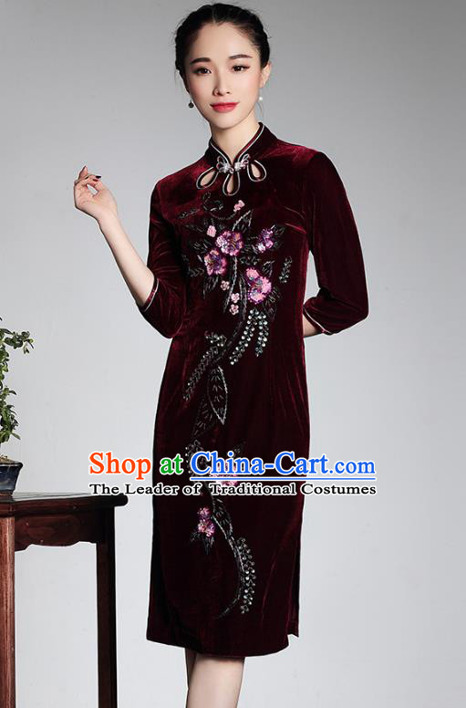 Traditional Ancient Chinese Young Lady Retro Wine Red Velvet Hot Drilling Cheongsam, Asian Republic of China Qipao Tang Suit Dress for Women