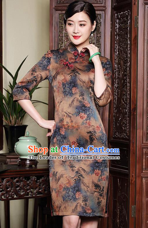 Traditional Ancient Chinese Young Lady Retro Stand Collar Printing Watered Gauze Cheongsam, Asian Republic of China Qipao Tang Suit Dress for Women