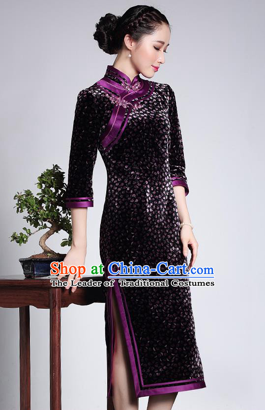 Traditional Ancient Chinese Young Lady Retro Stand Collar Purple Velvet Cheongsam Blouse, Asian Republic of China Qipao Tang Suit Upper Outer Garment for Women