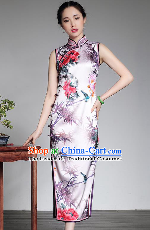 Top Grade Asian Republic of China Plated Buttons Printing Bamboo Cheongsam, Traditional Chinese Tang Suit Qipao Dress for Women