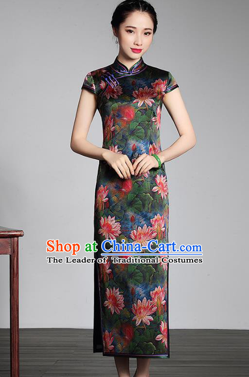 Top Grade Asian Republic of China Plated Buttons Green Silk Printing Lotus Cheongsam, Traditional Chinese Tang Suit Qipao Dress for Women