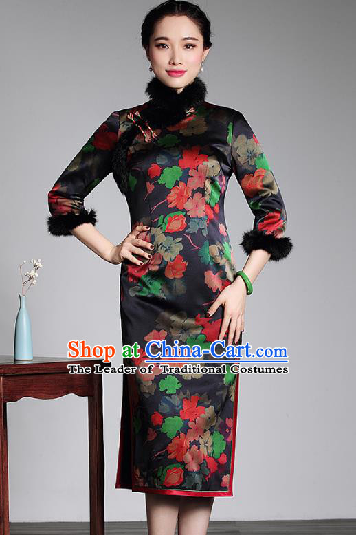 Top Grade Asian Republic of China Plated Buttons Printing Silk Cheongsam, Traditional Chinese Tang Suit Qipao Dress for Women