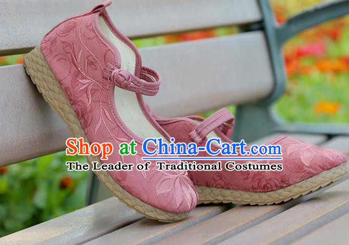 Traditional Chinese National Embroidered Shoes Pink Linen Shoes, China Handmade Hanfu Embroidery Lotus Flowers Shoes for Kids