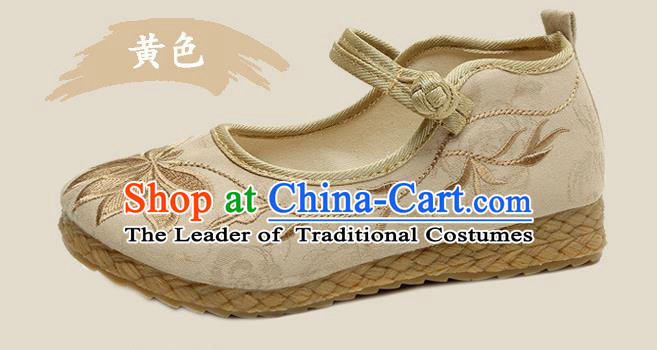 Traditional Chinese National Embroidered Shoes Beige Linen Shoes, China Handmade Hanfu Embroidery Lotus Shoes for Kids