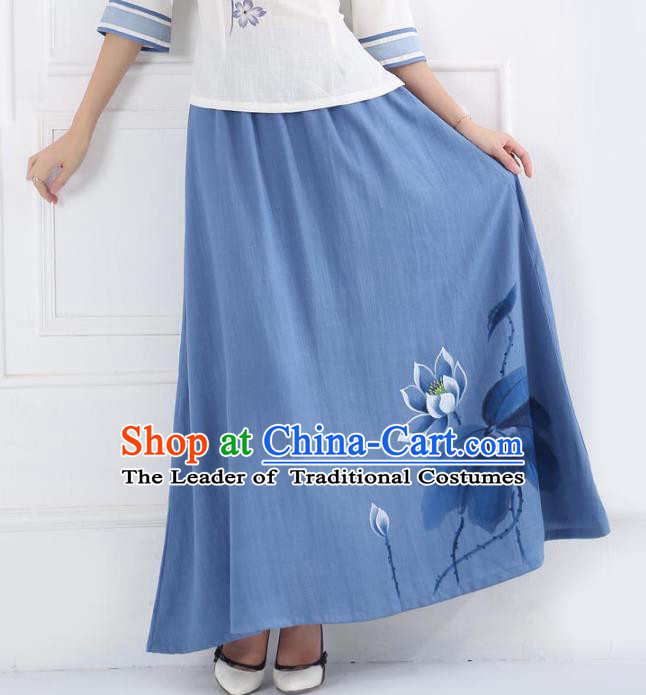Asian China Hand Painting Lotus Blue Linen Bust Skirt, Traditional Chinese Tang Suit Skirts for Women