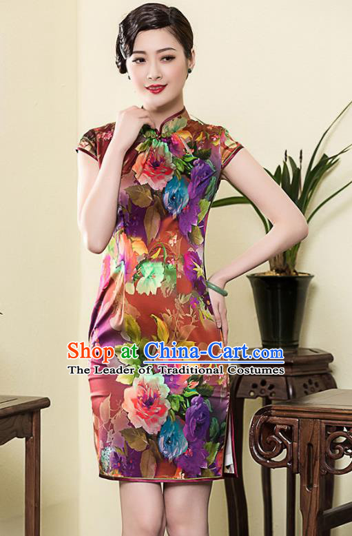 Traditional Ancient Chinese Young Lady Retro Stand Collar Cheongsam Printing Silk Dress, Asian Republic of China Qipao Tang Suit Clothing for Women
